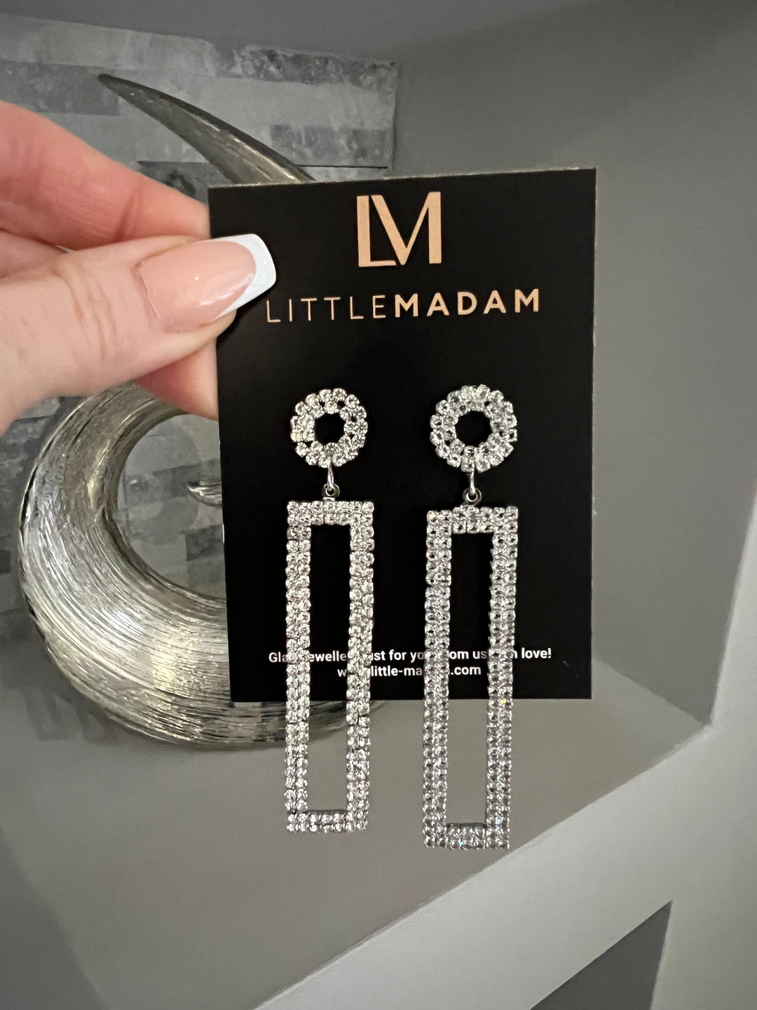 Rectangular Long Drop Diamante Earrings in Silver