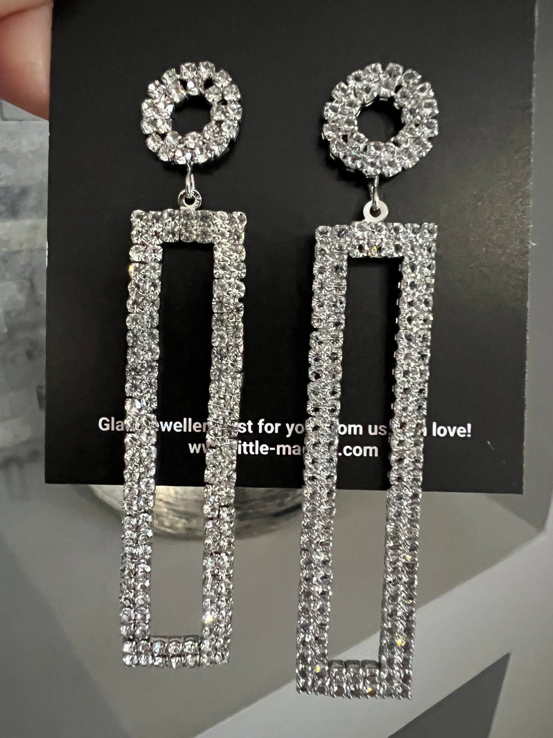 Rectangular Long Drop Diamante Earrings in Silver