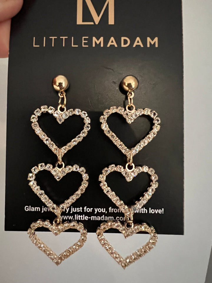 Triple Heart Dangly Diamante Earrings in Gold