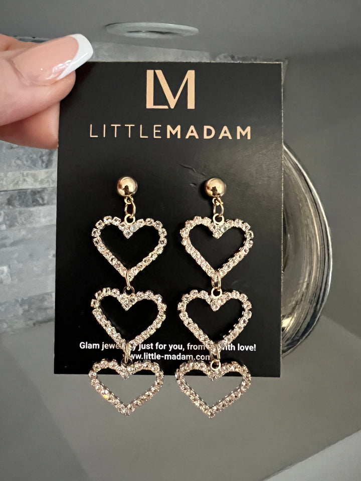 Triple Heart Dangly Diamante Earrings in Gold