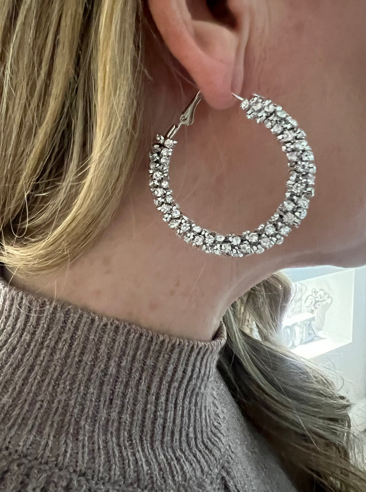 Diamante Chunky Hoop Earrings in Silver