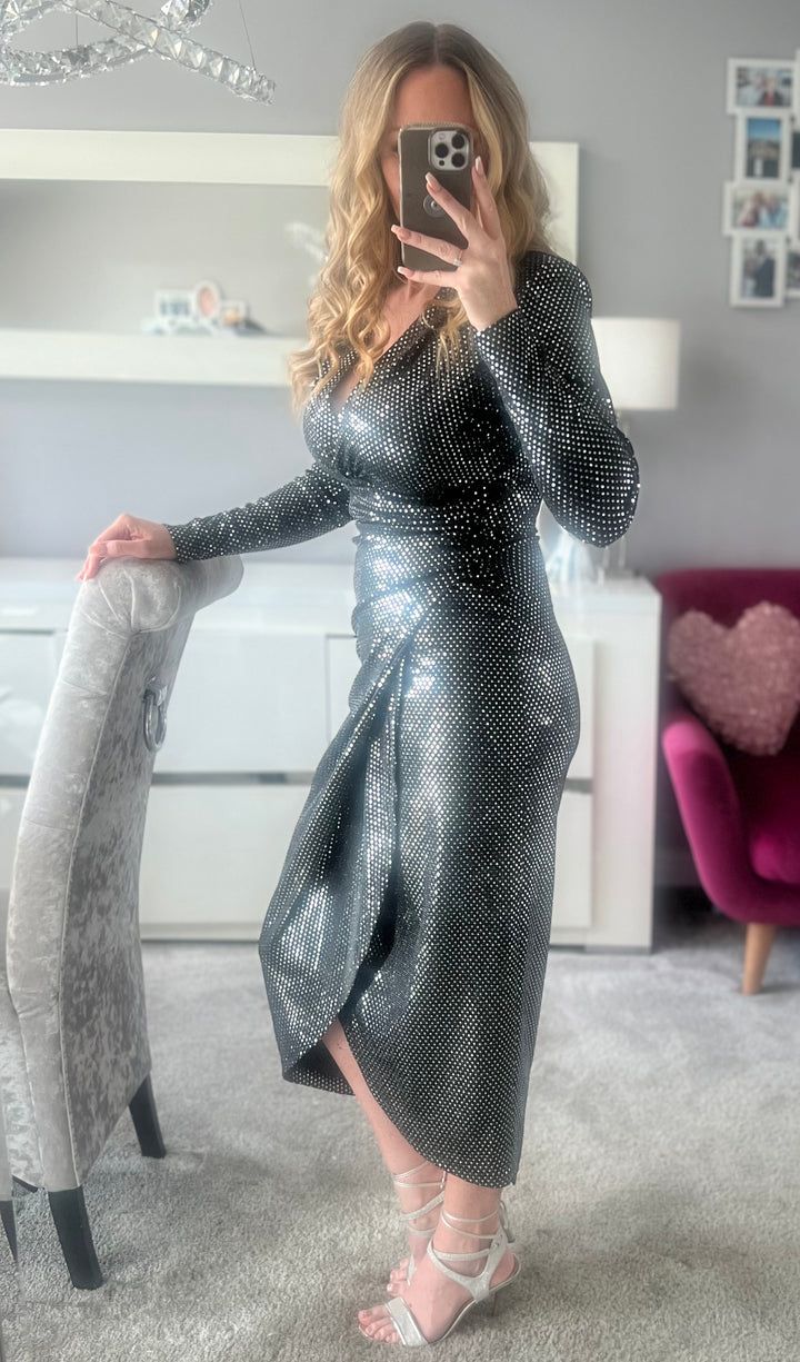 A Touch Of Class Black & Silver Sequin Long Sleeve Bodycon Wrap Midi Dress