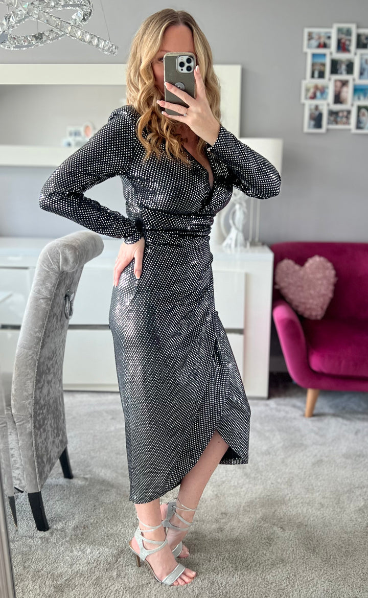 A Touch Of Class Black & Silver Sequin Long Sleeve Bodycon Wrap Midi Dress