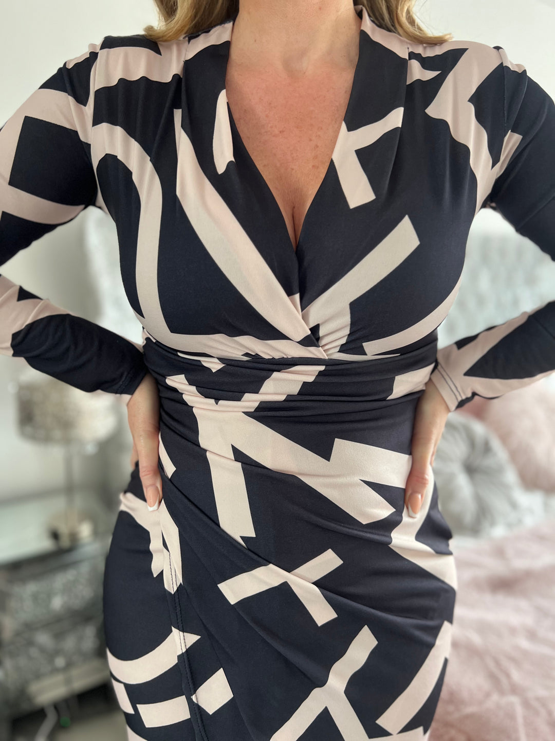 A Touch Of Class Black Letter Print Long Sleeve Bodycon Wrap Midi Dress