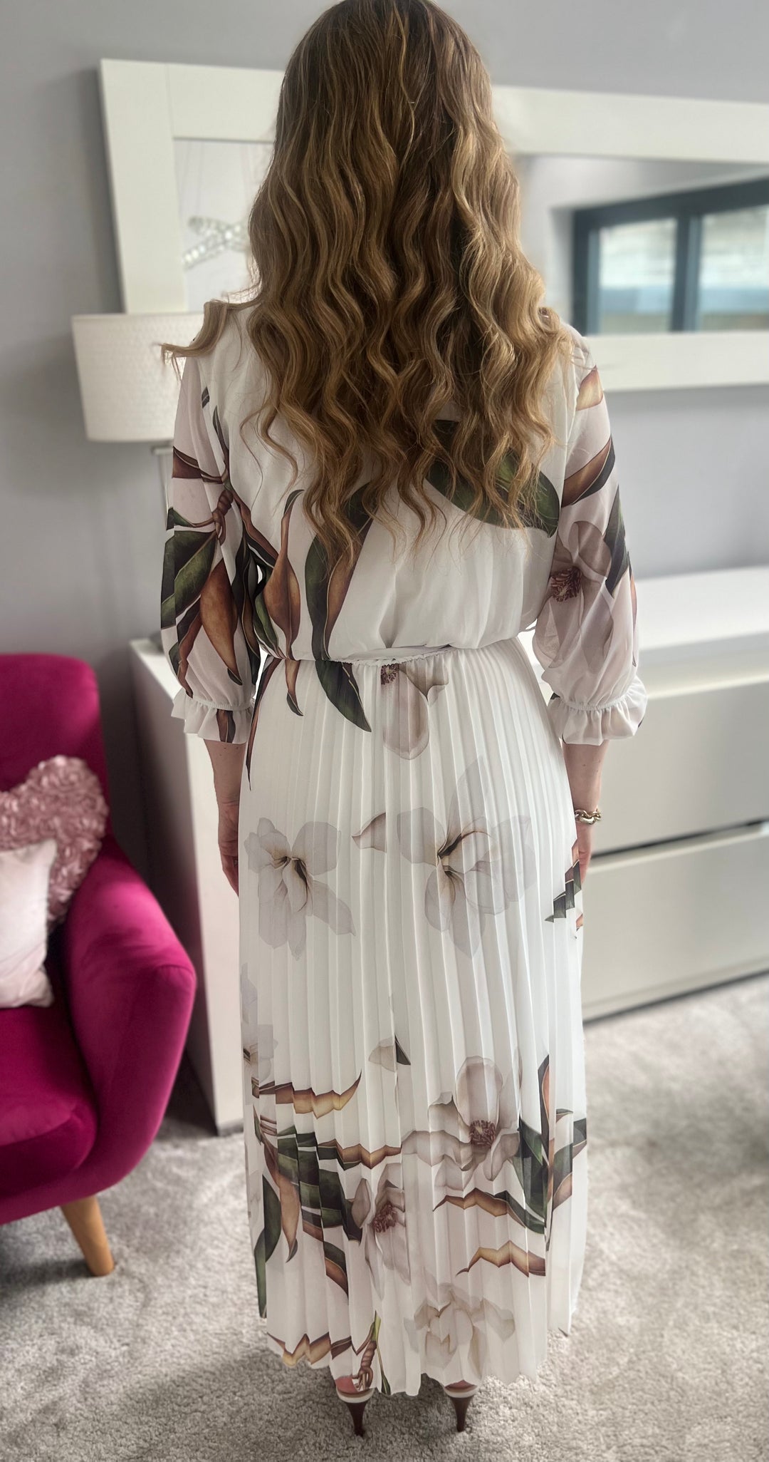 Elle Ivory Floral Chiffon Pleated Belted 3/4 Length Sleeve Maxi Dress