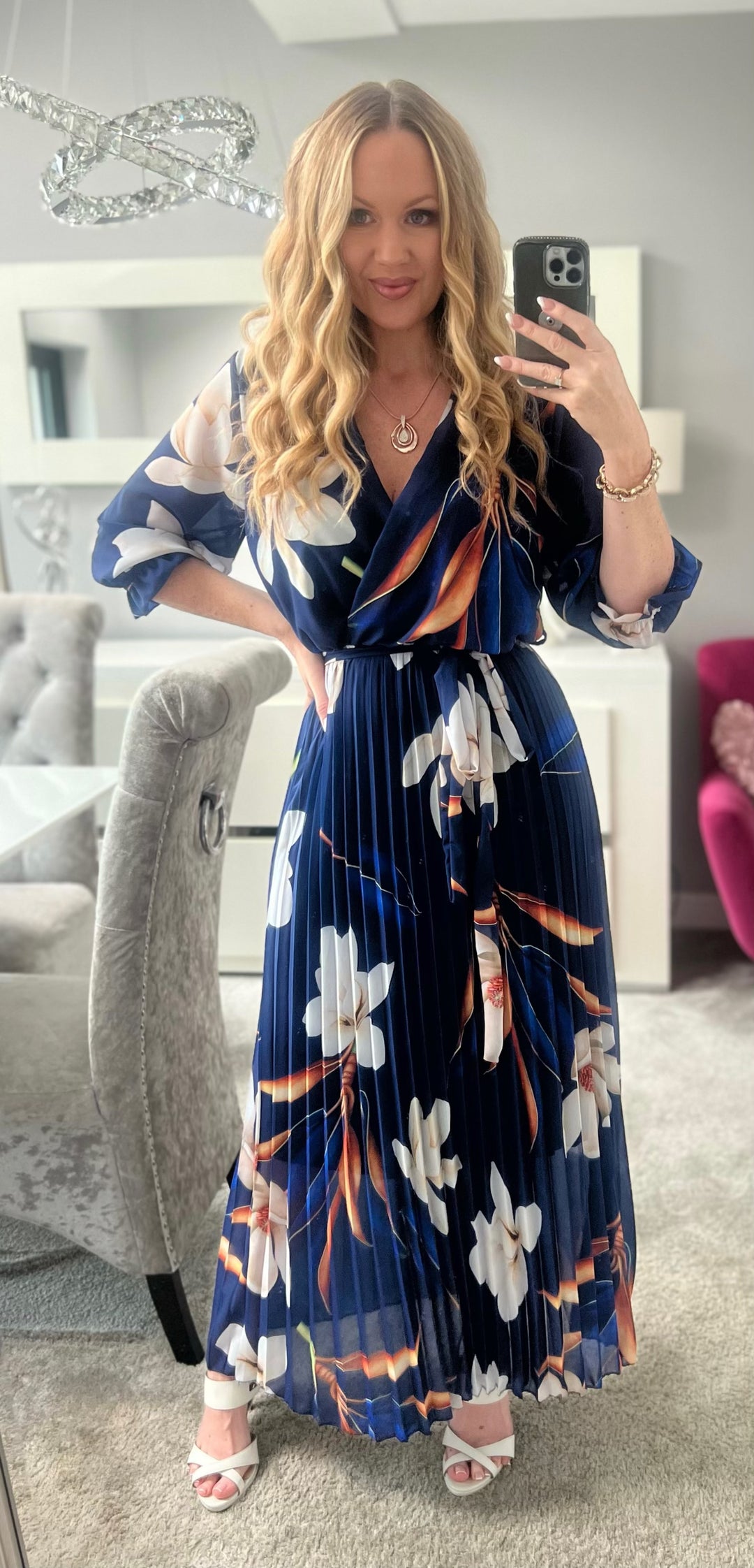 Elle Bright Navy Blue Floral Chiffon Pleated Belted 3/4 Length Sleeve Maxi Dress (PRE-ORDER)