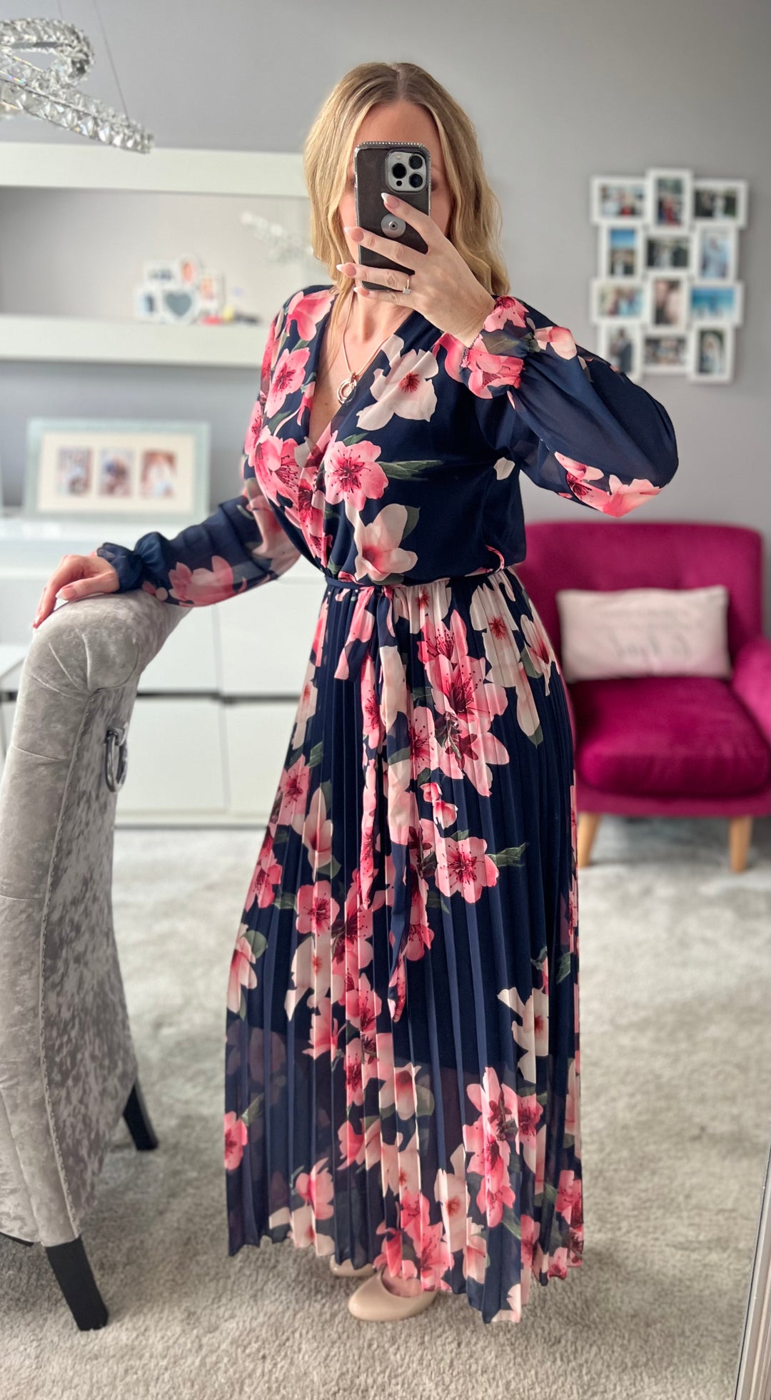 Maya Navy & Pink Floral Chiffon Pleated Long Sleeve Maxi Dress