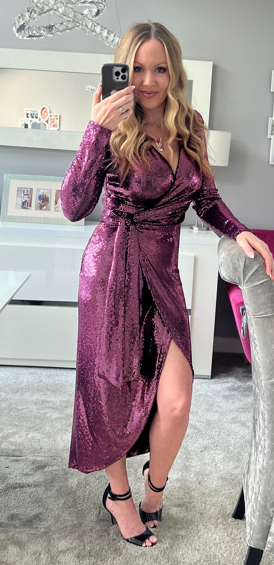 burgundy sequin wrap dress Daisianne Berry Sequin Long Sleeve Wrap Maxi Dress