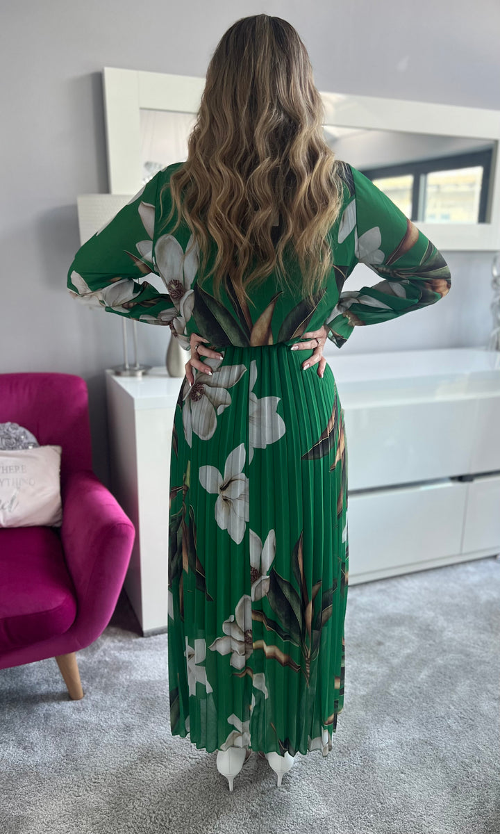 Elle Deep Green Floral Chiffon Pleated Long Sleeve Maxi Dress (PRE-ORDER)