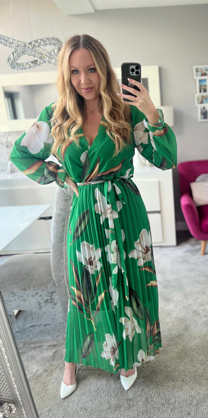 Elle Deep Green Floral Chiffon Pleated Long Sleeve Maxi Dress