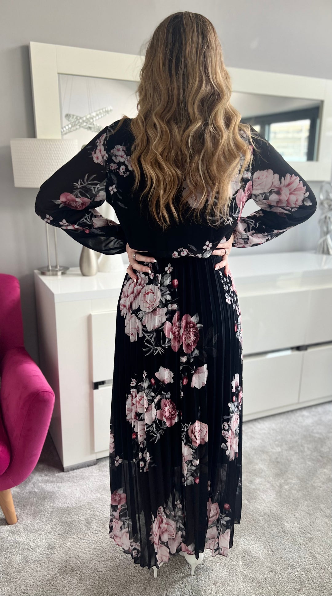 Amalfi Coast Black & Pale Pink Floral Chiffon Long Sleeve Pleated Belted Maxi Dress