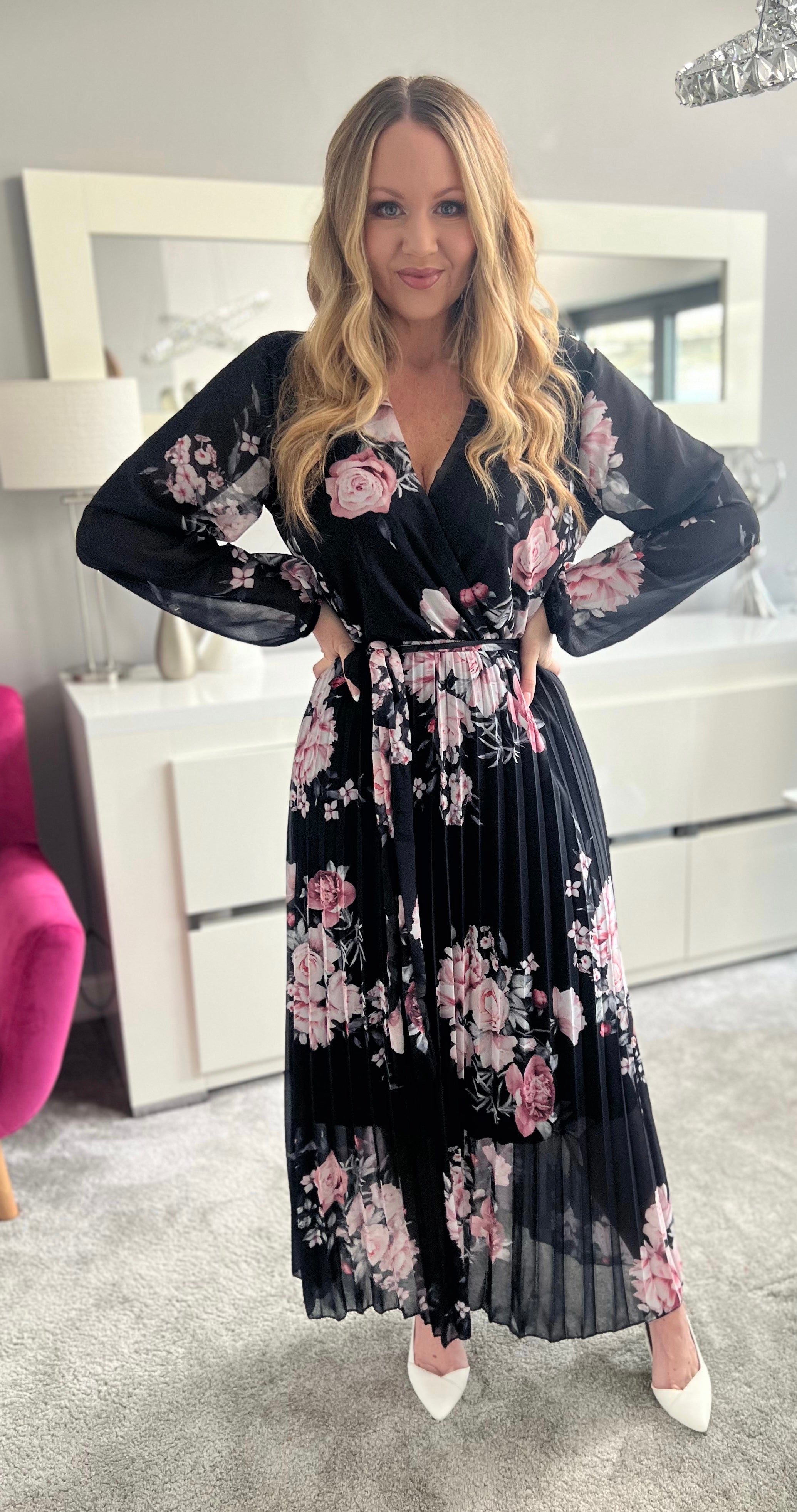 Amalfi Coast Black Pale Pink Floral Chiffon Long Sleeve Pleated Belted Maxi Dress