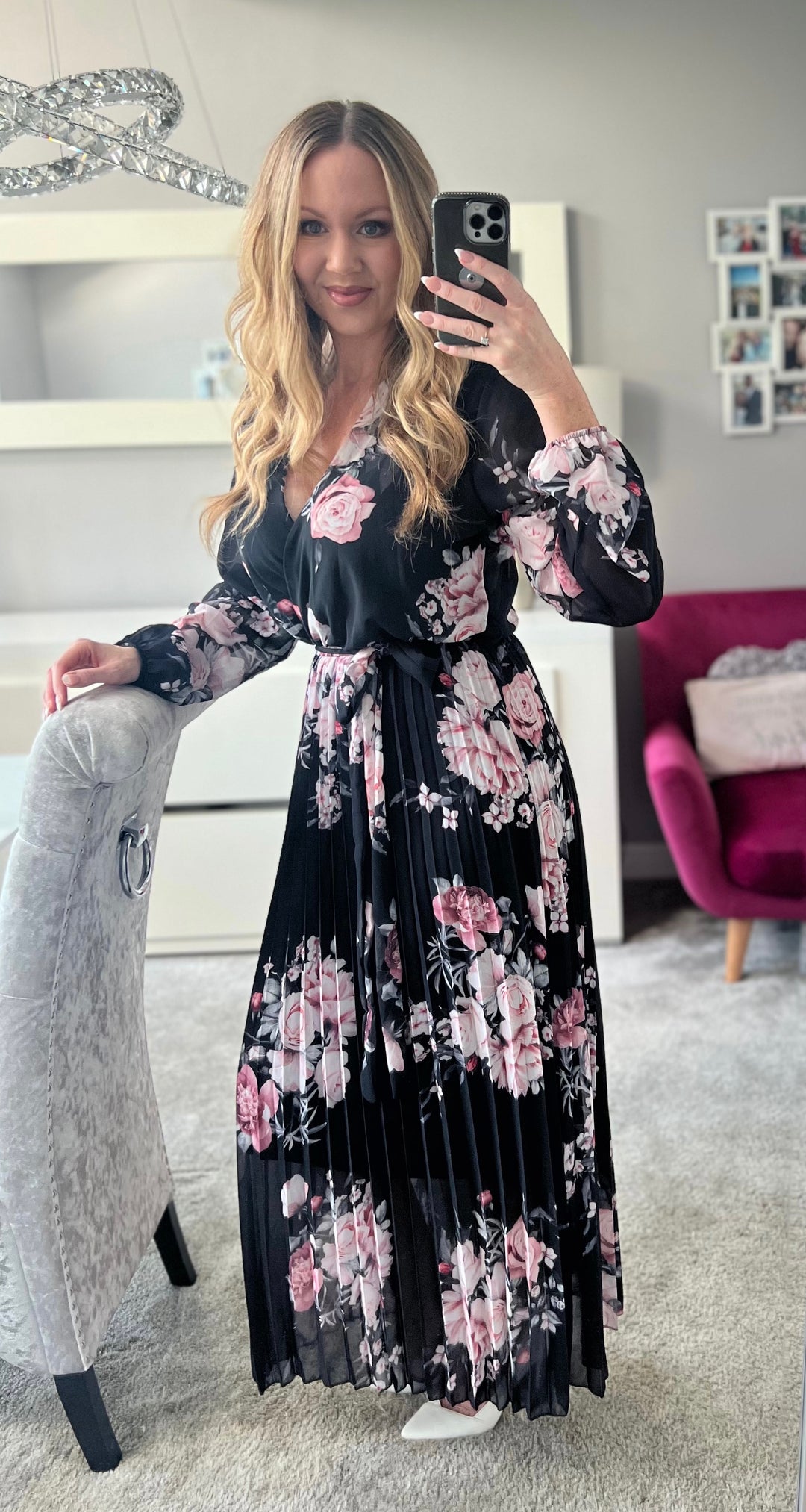 Amalfi Coast Black & Pale Pink Floral Chiffon Long Sleeve Pleated Belted Maxi Dress