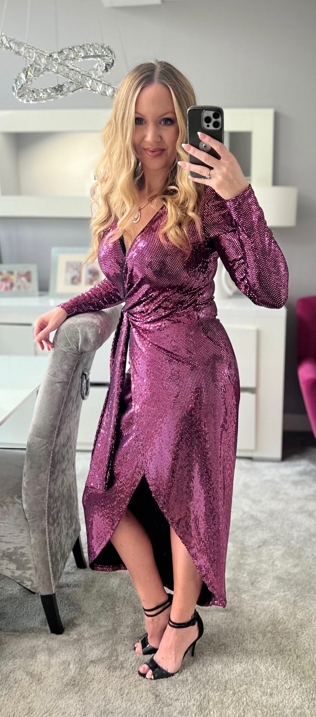 All That Glitters Burgundy Pink Sequin Long Sleeve Wrap Midi Dress