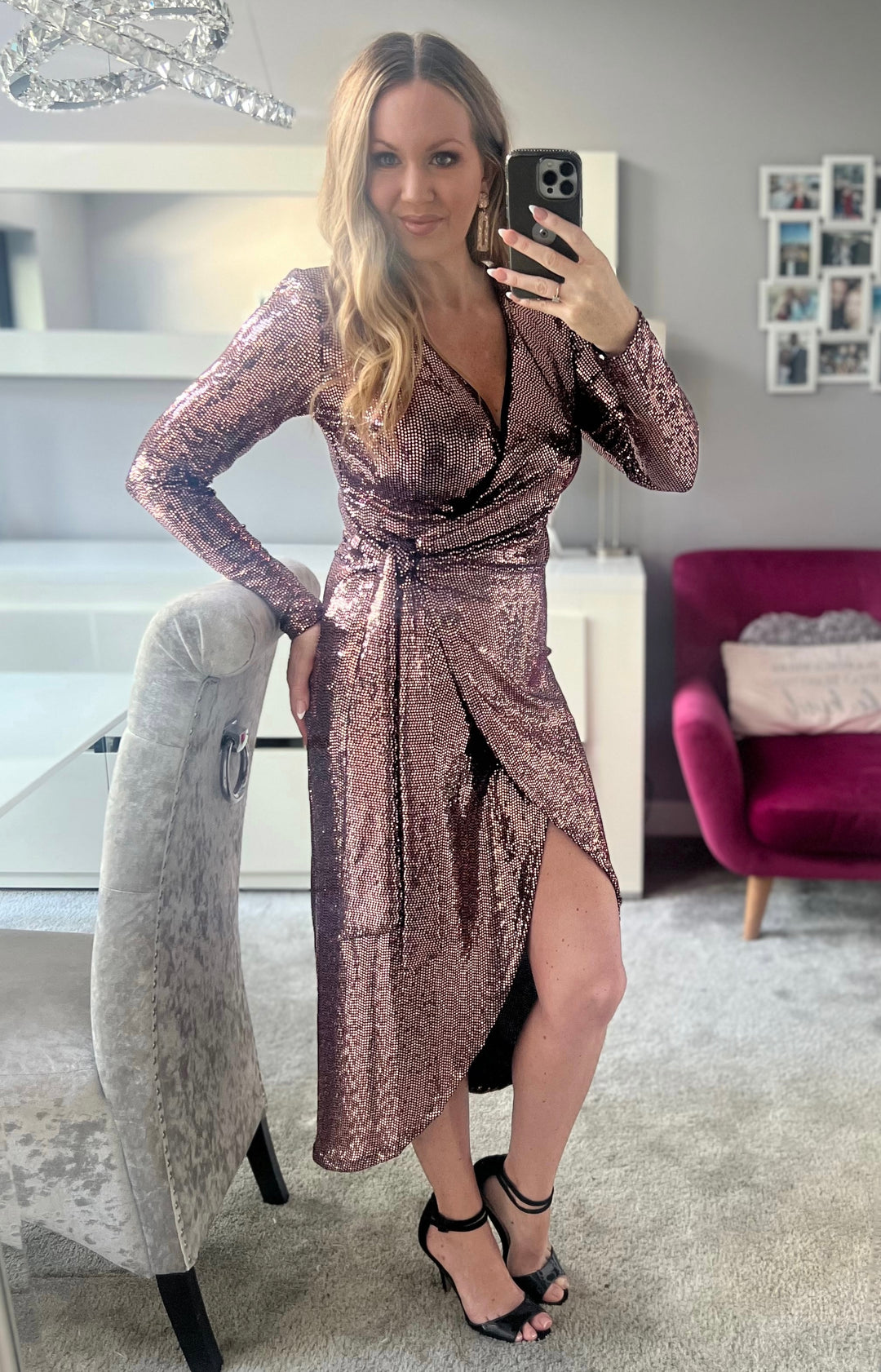All That Glitters Rose Gold Sequin Long Sleeve Wrap Midi Dress