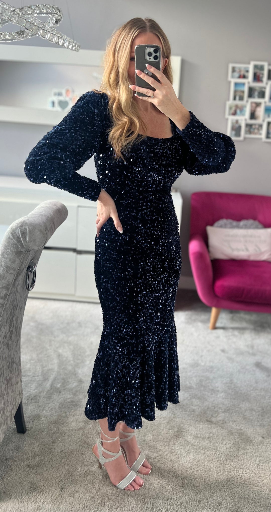 Royal blue sequin long sales sleeve fishtail maxi dress