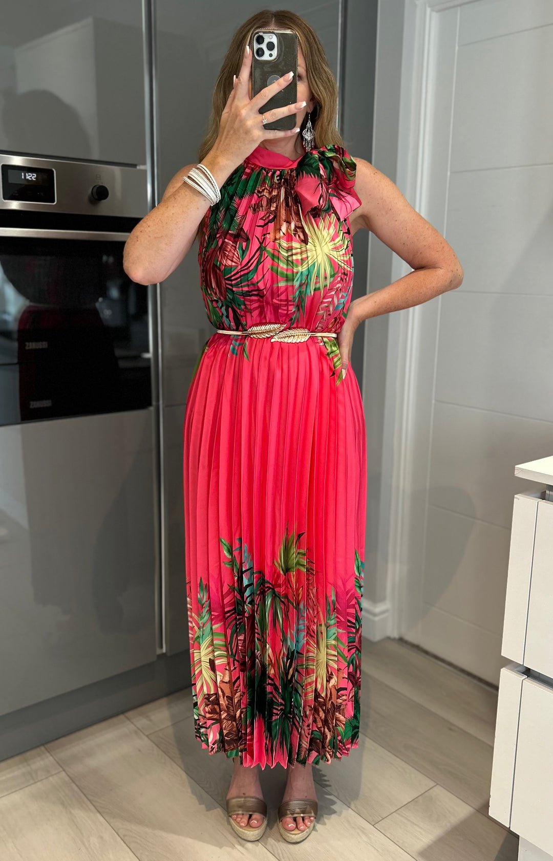 Antigua Fuchsia Pink Floral Halter Neck Pleated Maxi Dress