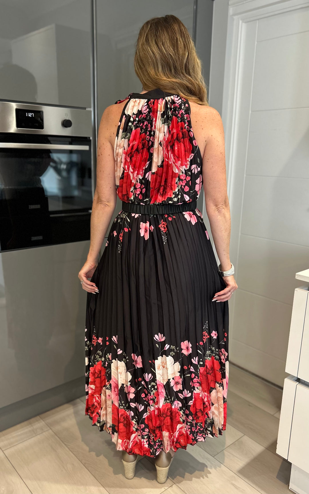 Antigua Black Floral Halter Neck Pleated Maxi Dress