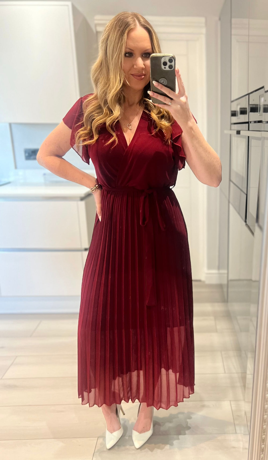 Amalfi Coast Burgundy Wine Chiffon Short Sleeve Pleated Belted Maxi Dress