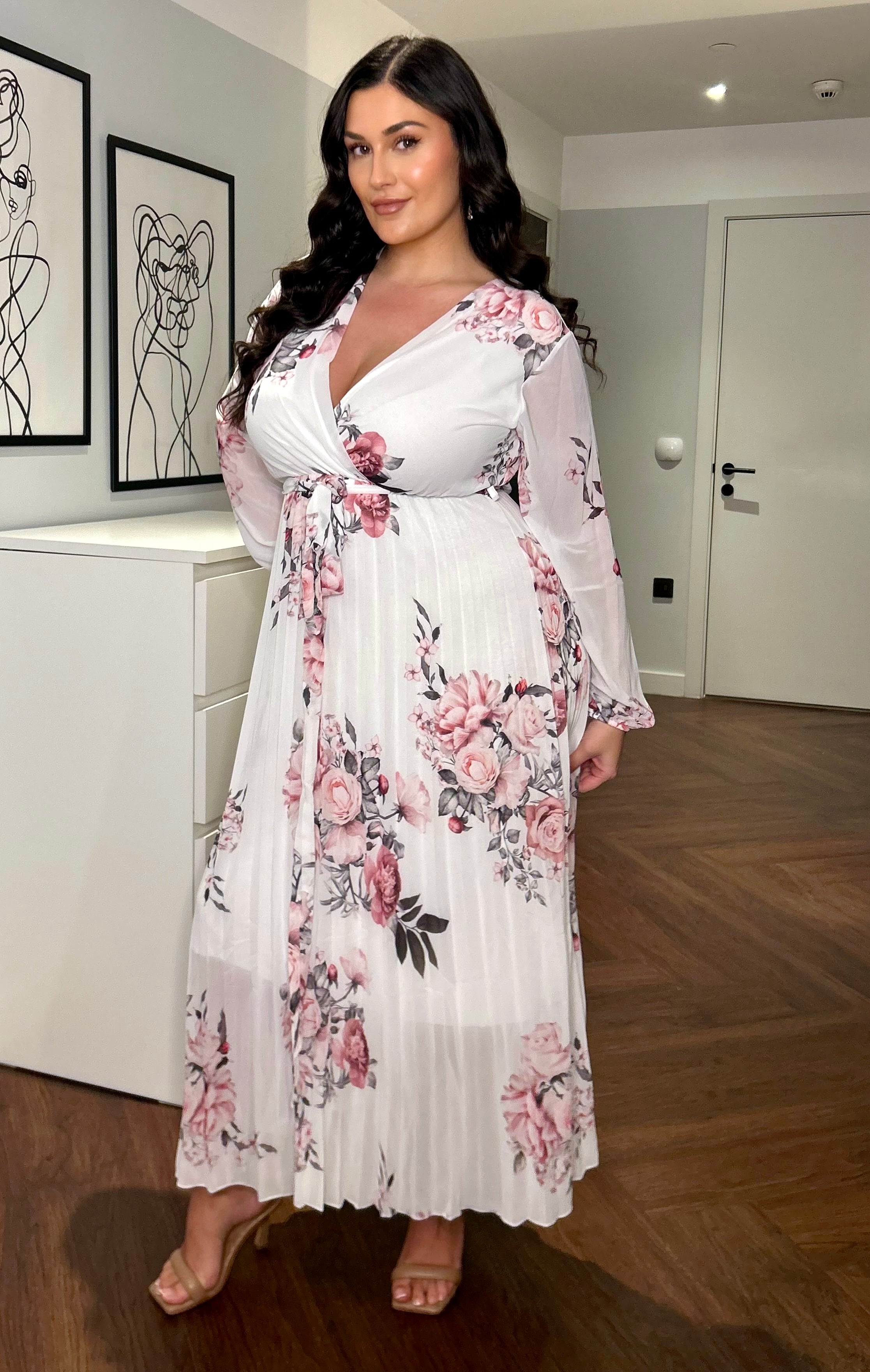 Amalfi Coast White Floral Chiffon Long Sleeve Pleated Belted Maxi