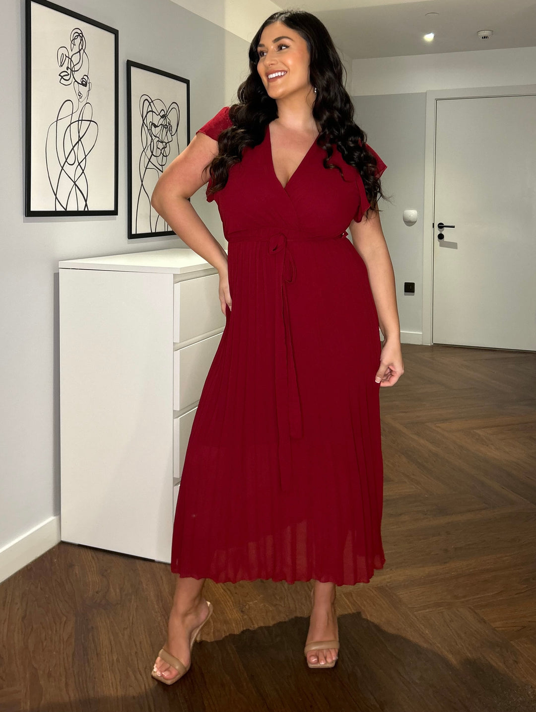 Amalfi Coast Burgundy Wine Chiffon Short Sleeve Pleated Belted Maxi Dress