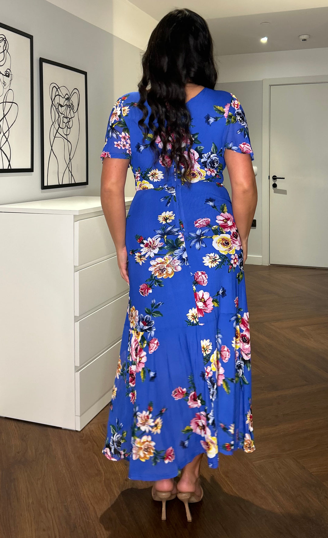 Ada Cobalt Blue Floral Dip Hem Belted Short Sleeve Mesh Maxi Dress