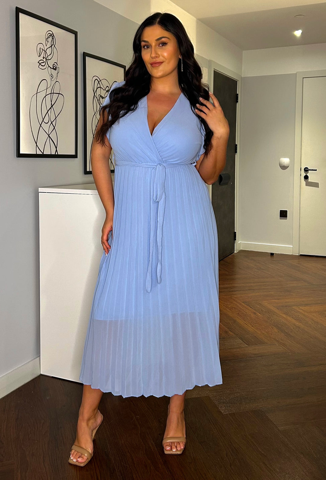 Amalfi Coast Light Blue Chiffon Short Sleeve Pleated Belted Maxi Dress