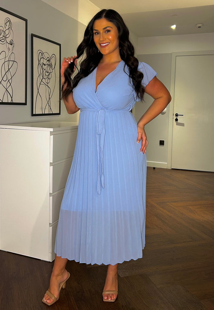 Amalfi Coast Light Blue Chiffon Short Sleeve Pleated Belted Maxi Dress