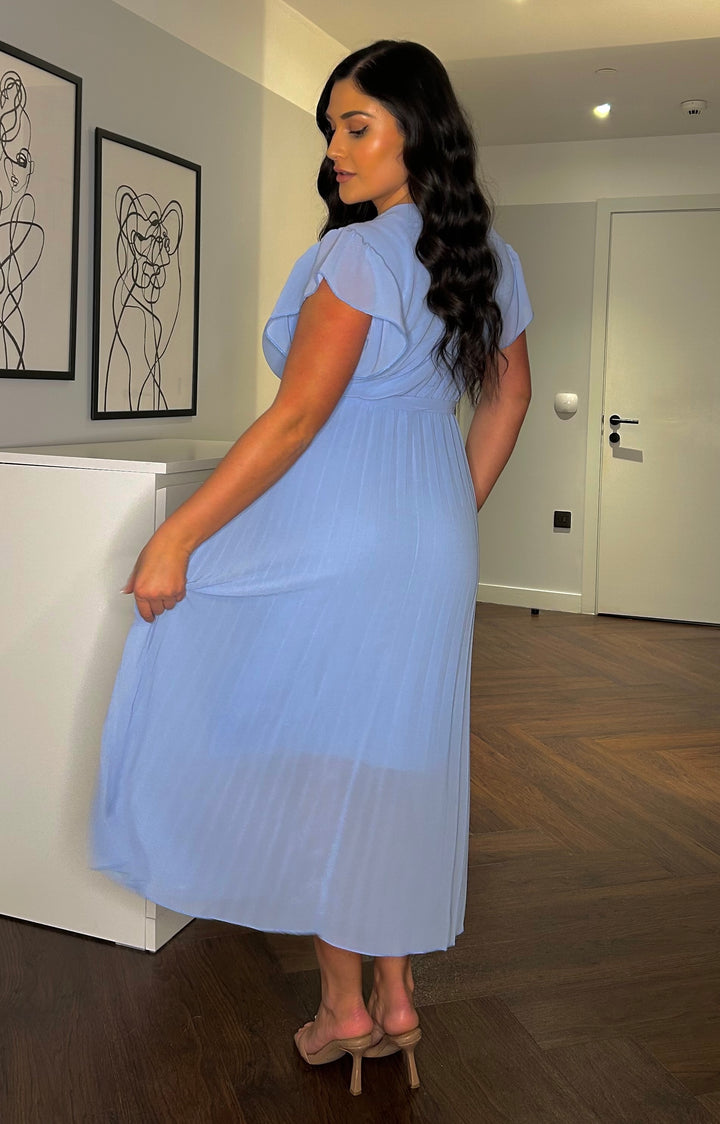 Amalfi Coast Light Blue Chiffon Short Sleeve Pleated Belted Maxi Dress