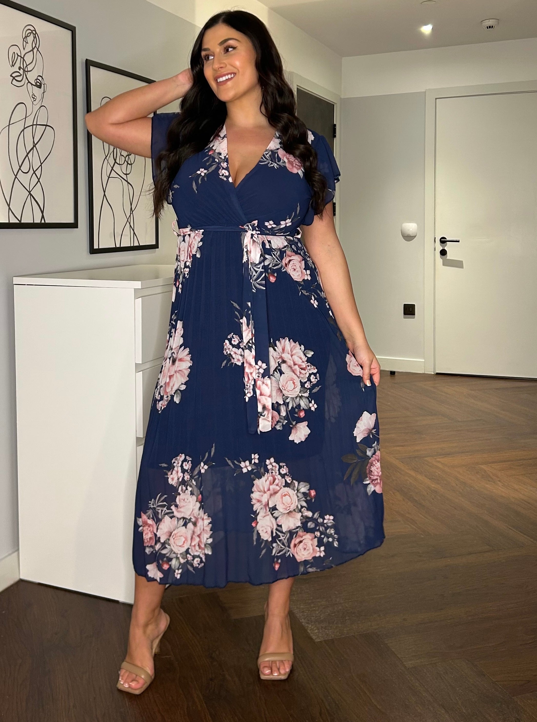 Amalfi Coast Navy Floral Chiffon Short Sleeve Pleated Belted Maxi