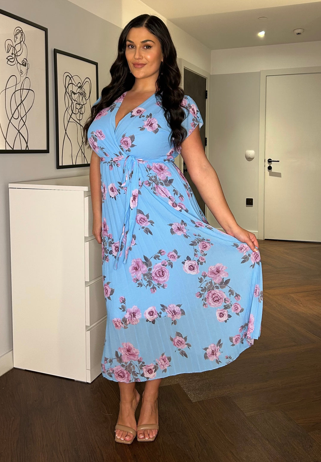 Amalfi Coast Sky Blue Floral Chiffon Short Sleeve Pleated Belted Maxi Dress | LittleMadam Amalfi Coast Sky Blue Floral Chiffon Short Sleeve Pleated Belted Maxi Dress | LittleMadam