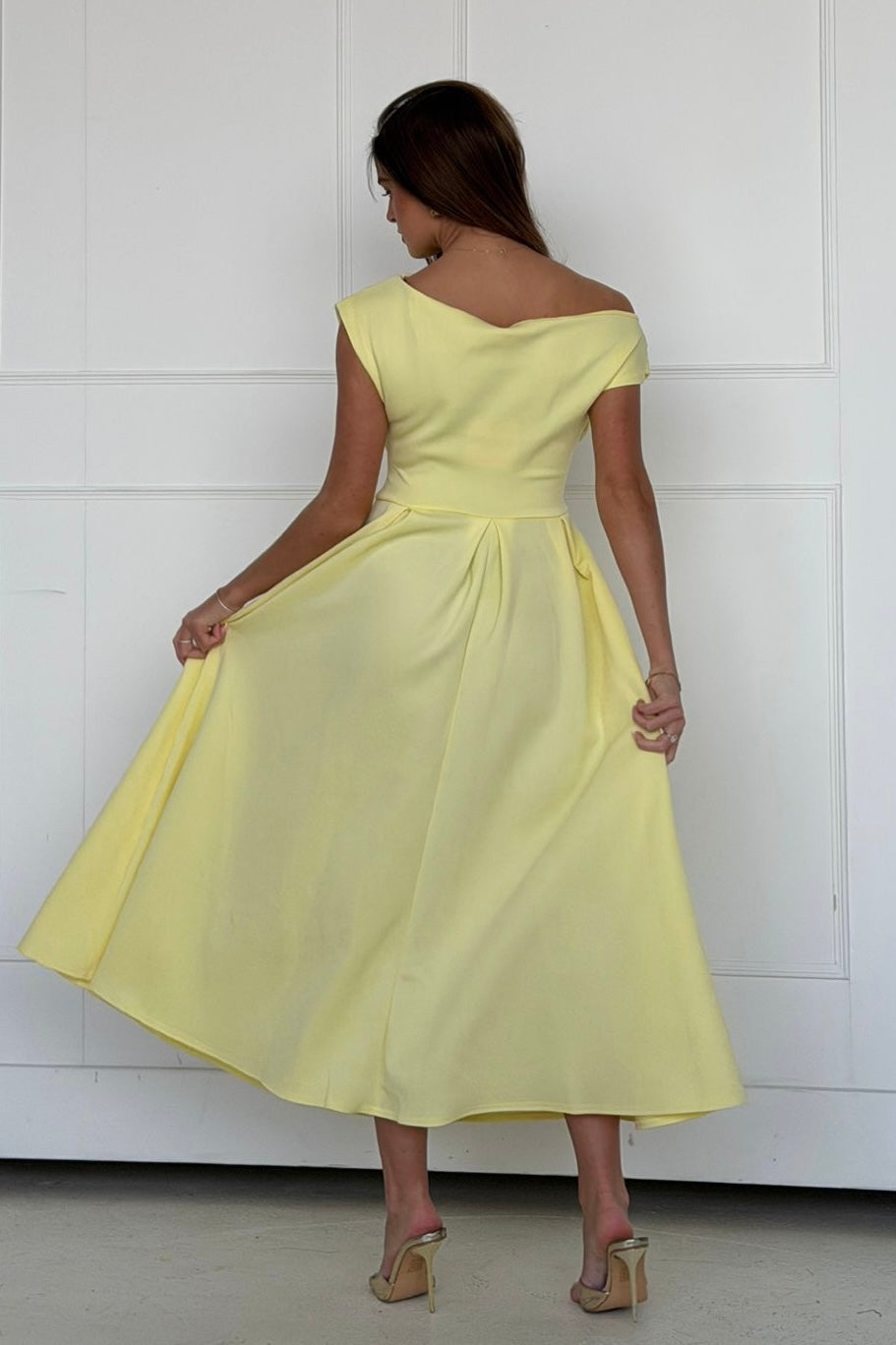 Betty Yellow Asymmetric Neckline Skater Midi Dress With Pockets