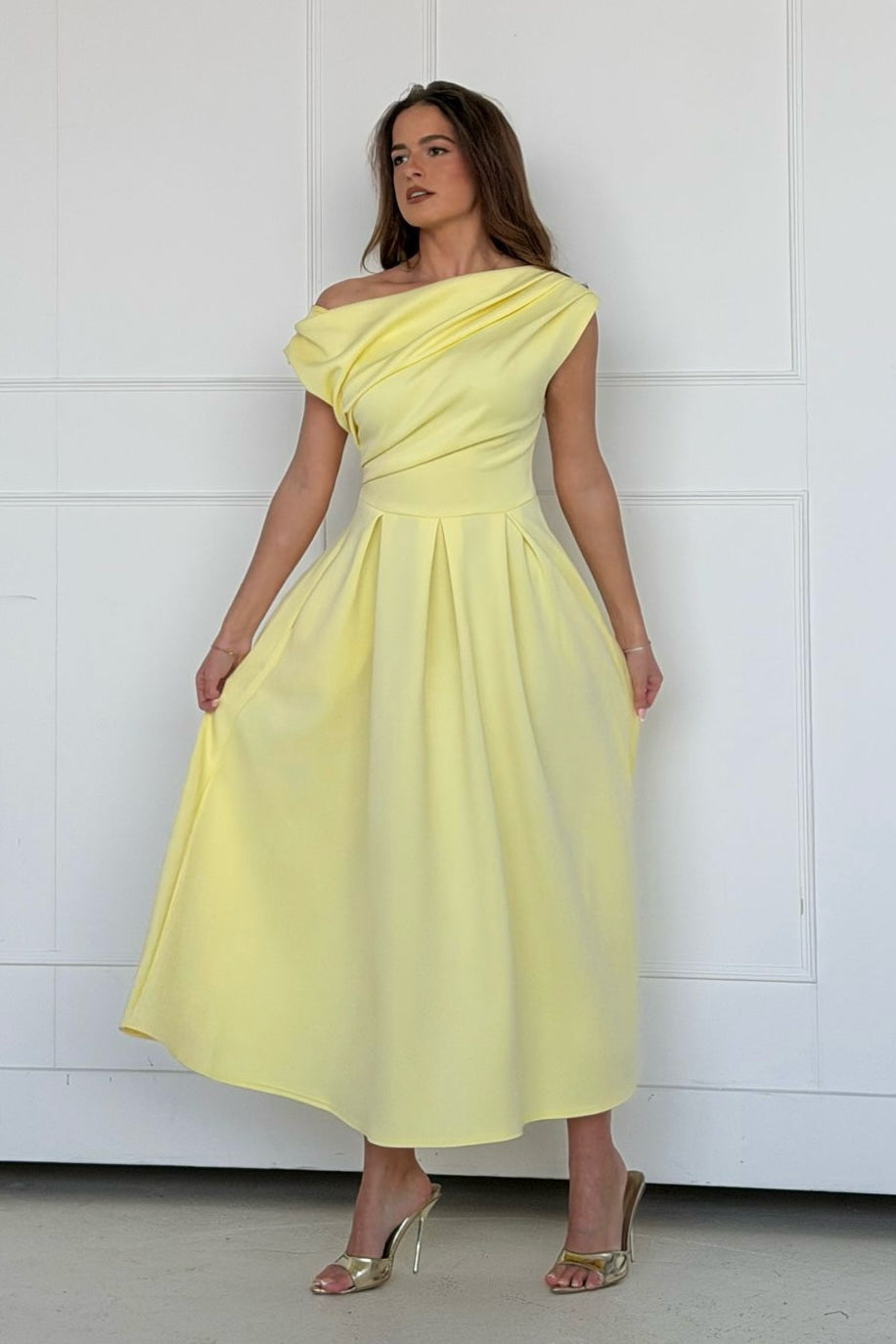 Betty Yellow Asymmetric Neckline Skater Midi Dress With Pockets