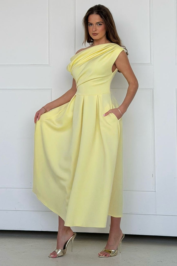 Betty Yellow Asymmetric Neckline Skater Midi Dress With Pockets