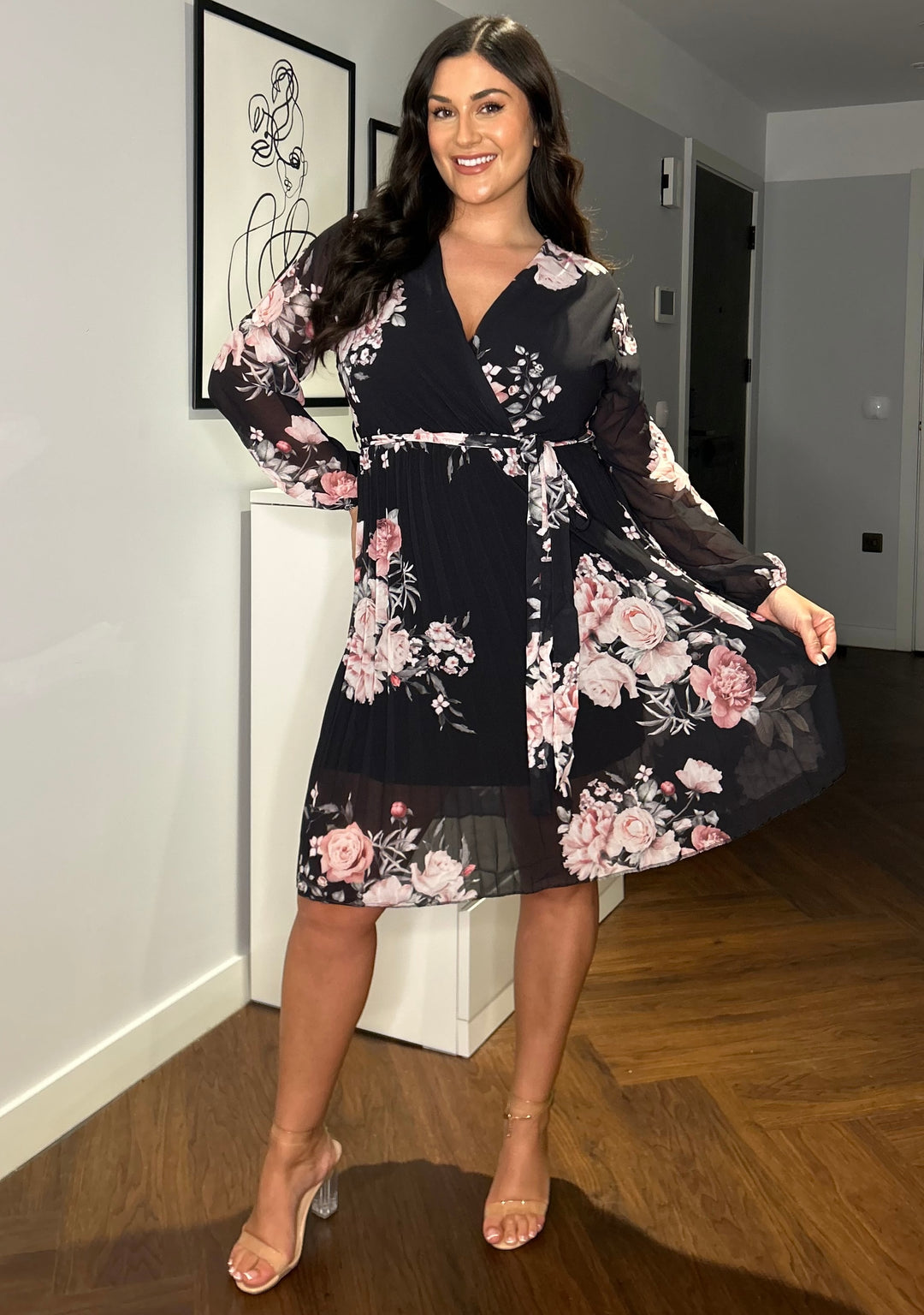 Joanie Black Floral Long Sleeve Chiffon Pleated Midi Dress | LittleMadam Joanie Black Floral Long Sleeve Chiffon Pleated Midi Dress | LittleMadam