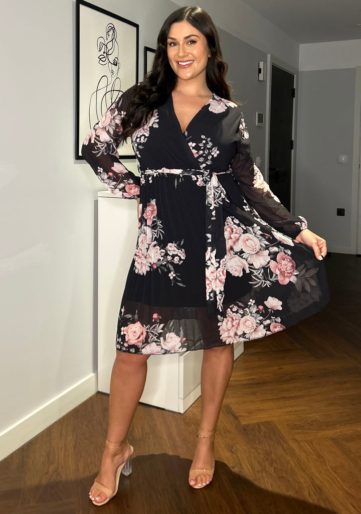 Joanie Black Floral Long Sleeve Chiffon Pleated Midi Dress