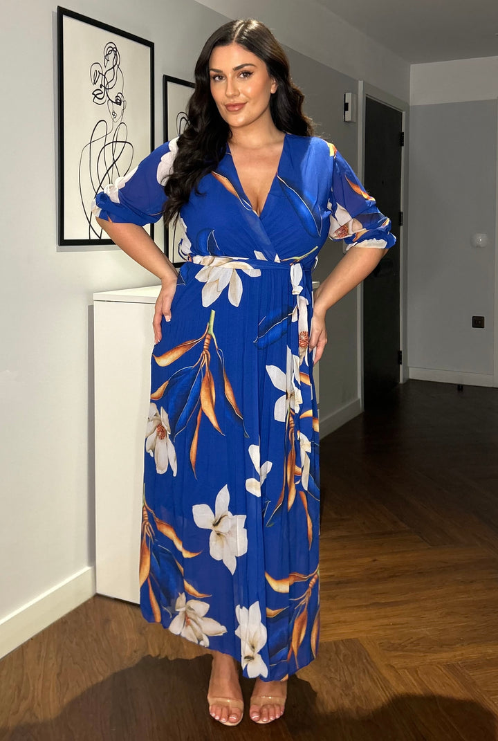 Elle Cobalt Blue Floral Chiffon Pleated Belted 3/4 Length Sleeve Maxi Dress - 2 LENGTHS