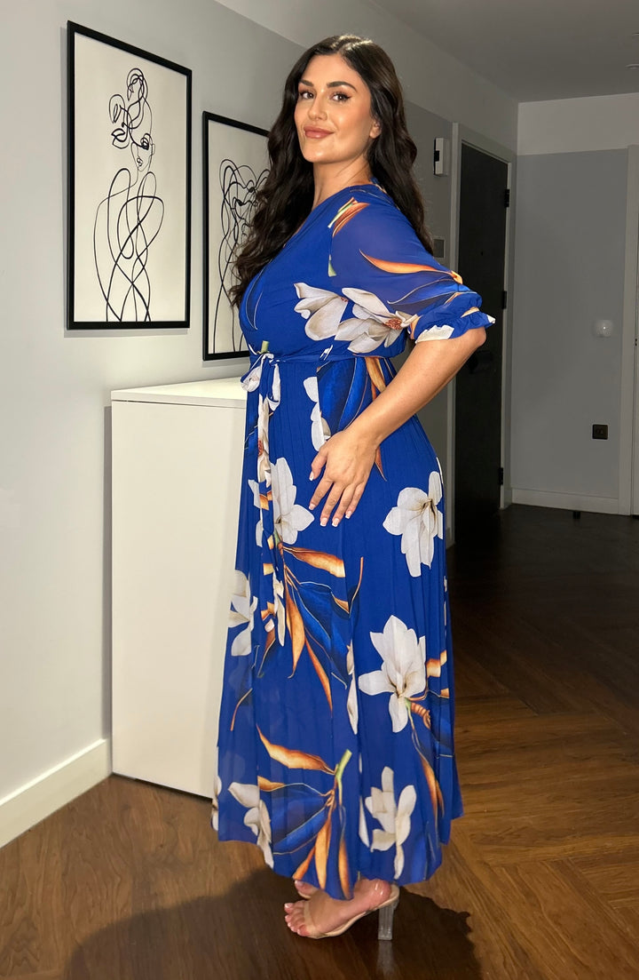 Elle Cobalt Blue Floral Chiffon Pleated Belted 3/4 Length Sleeve Maxi Dress - 2 LENGTHS