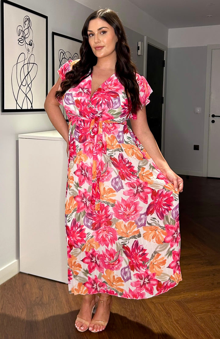 Amalfi Coast Pink Floral Chiffon Short Sleeve Pleated Belted Maxi Dress