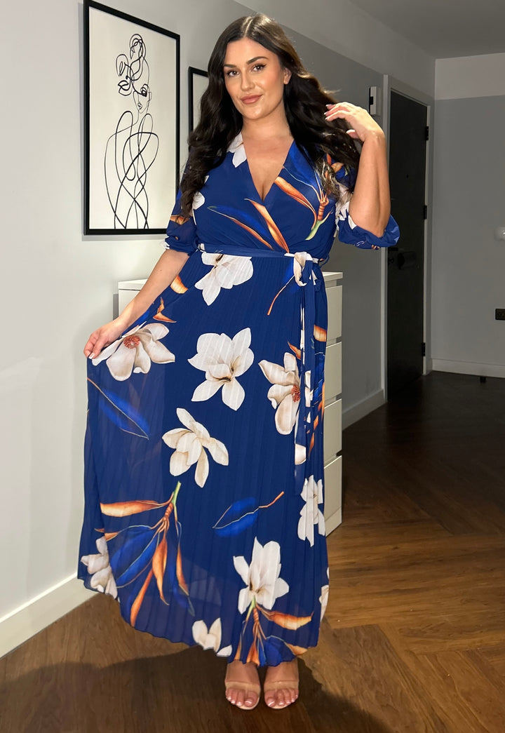 Elle Bright Navy Blue Floral Chiffon Pleated Belted 3/4 Length Sleeve Maxi Dress