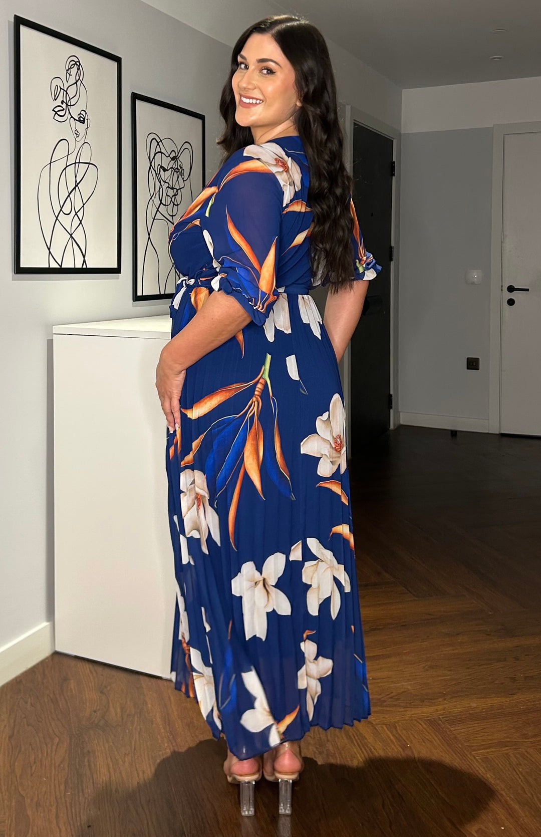 Elle Bright Navy Blue Floral Chiffon Pleated Belted 3/4 Length Sleeve Maxi Dress - 2 LENGTHS