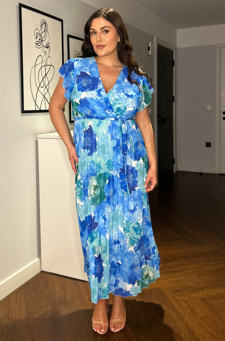 Amalfi Coast Blue Floral Chiffon Short Sleeve Pleated Belted Maxi Dress