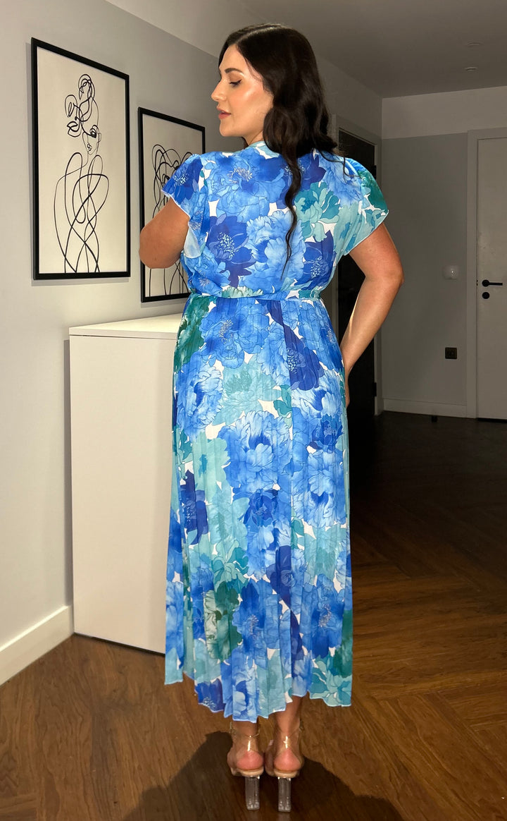 Amalfi Coast Blue Floral Chiffon Short Sleeve Pleated Belted Maxi Dress