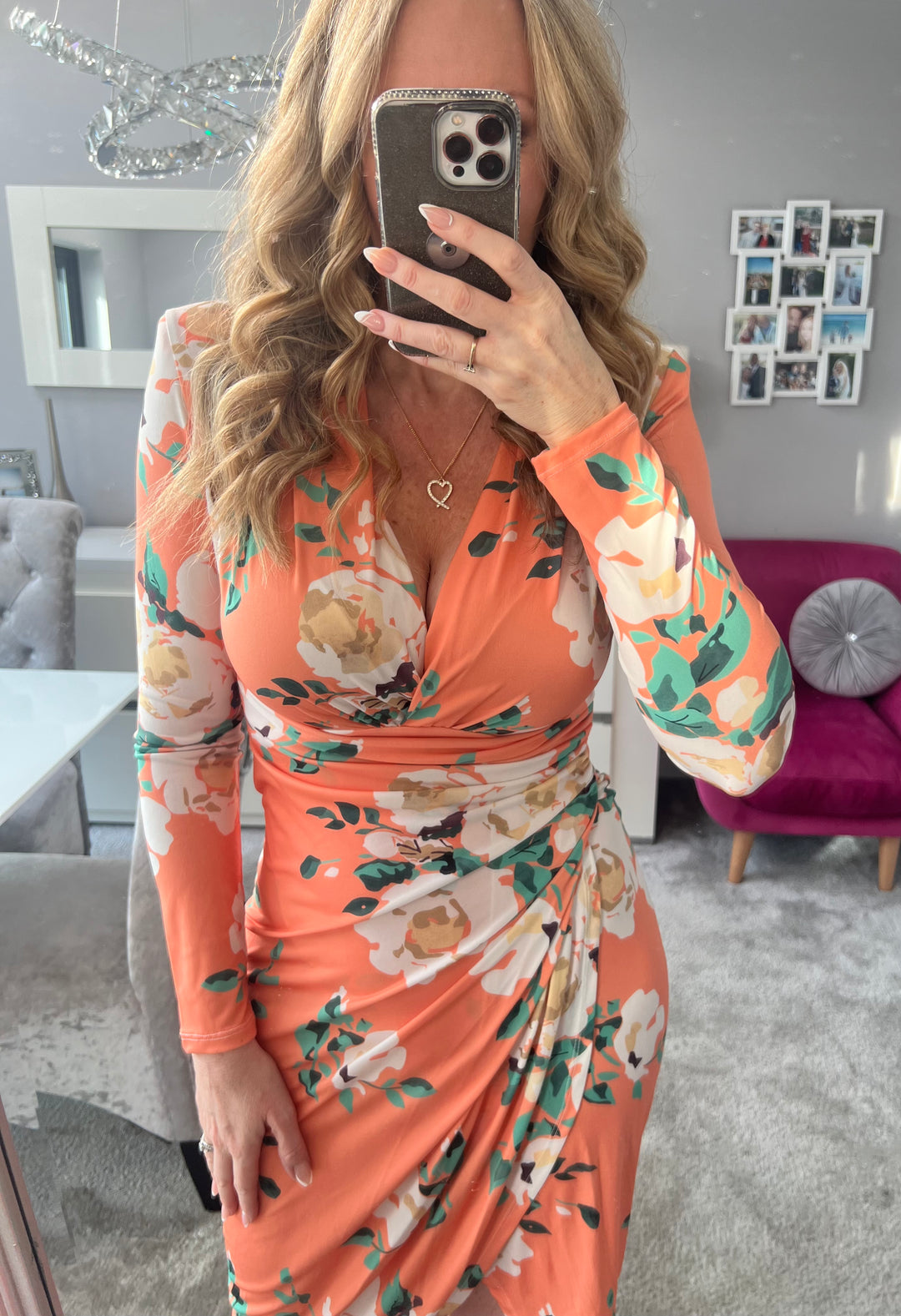 A Touch Of Class Peach Floral Long Sleeve Bodycon Wrap Midi Dress LittleMadam