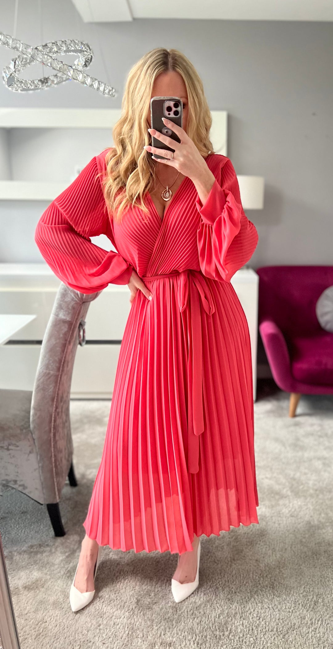 Lucile Coral Chiffon Plisse Pleated Belted Long Sleeve Maxi Dress
