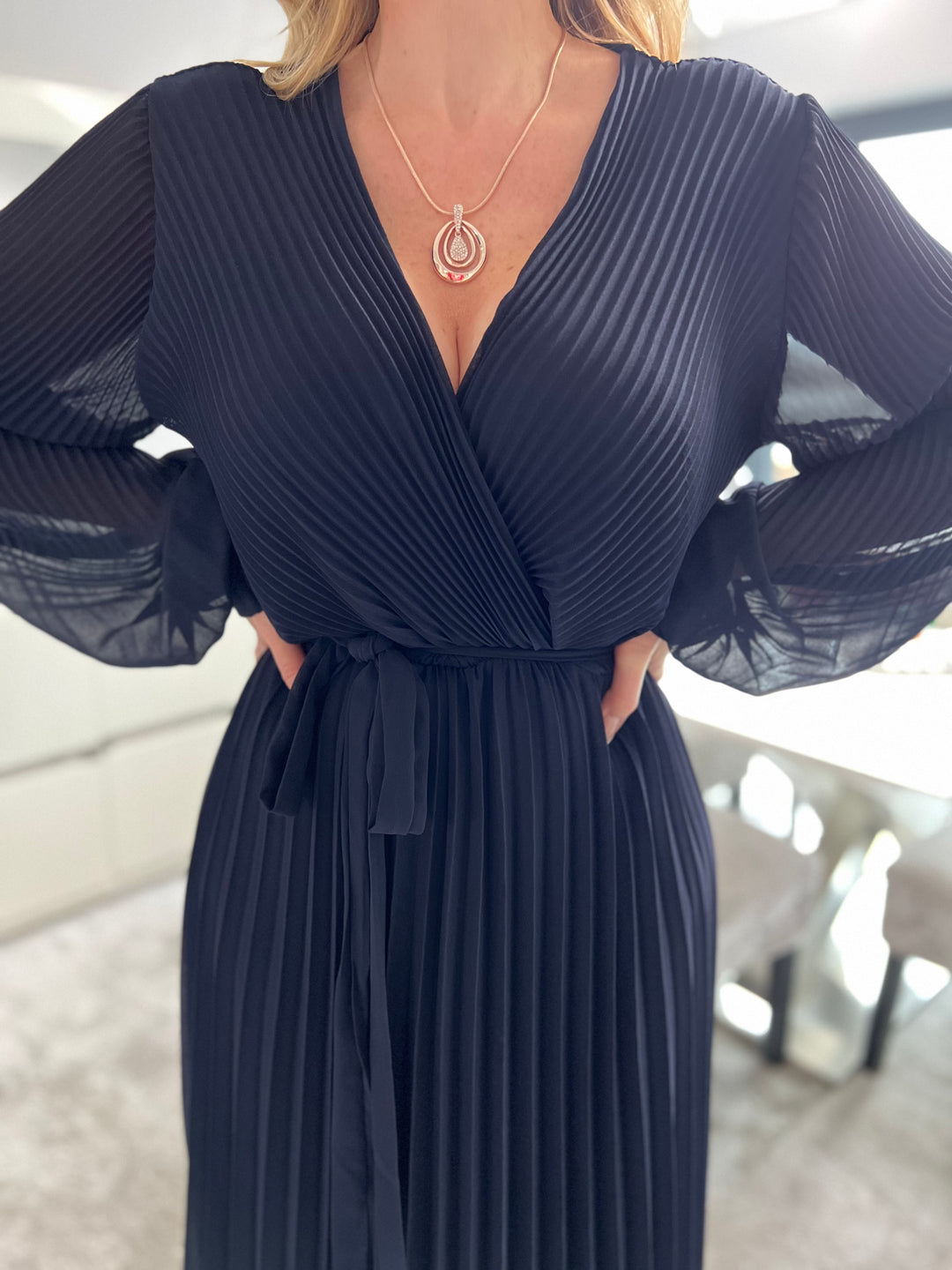 Lucile Navy Blue Chiffon Pleated Belted Long Sleeve Maxi Dress
