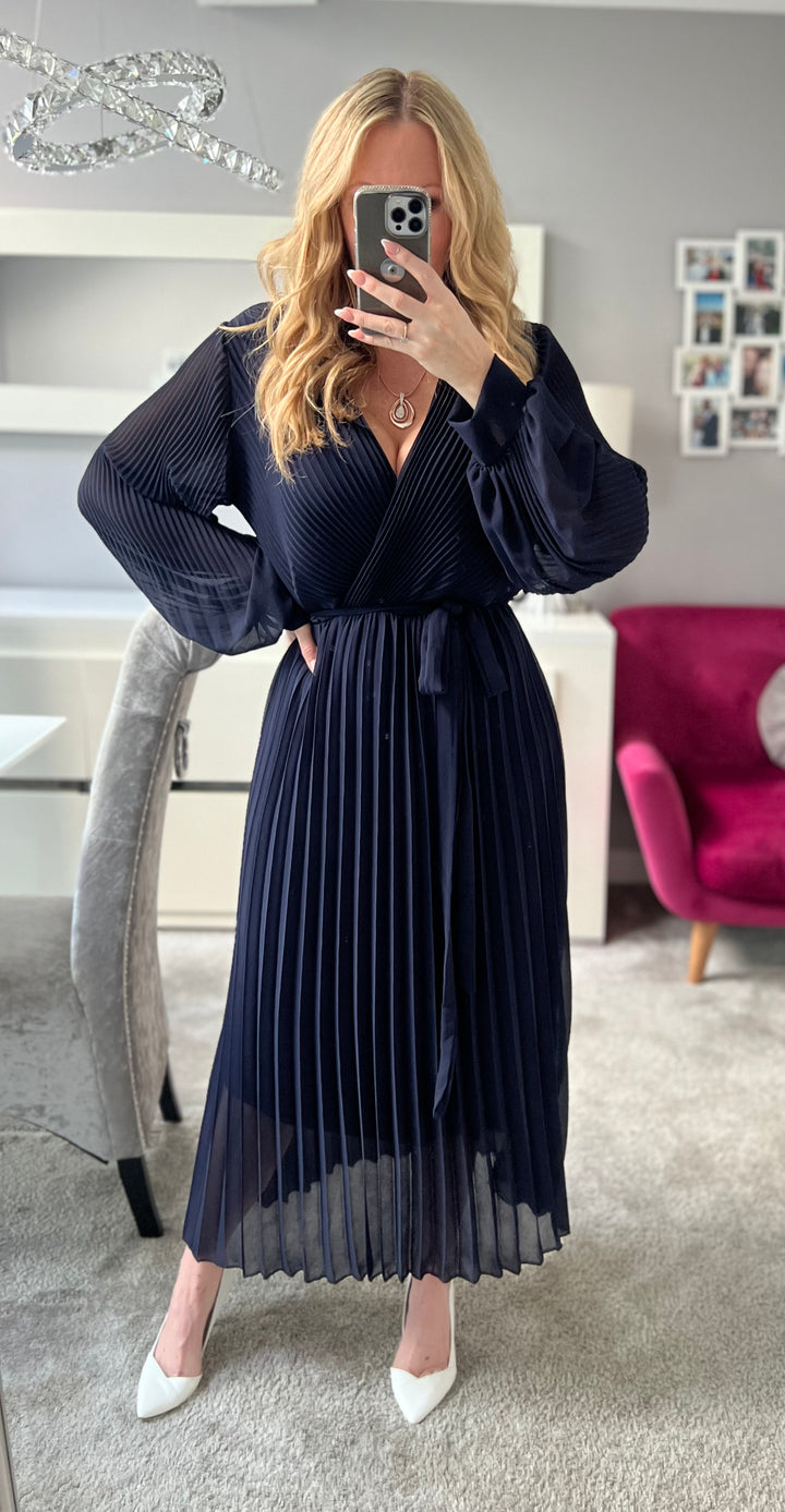 Lucile Navy Blue Chiffon Pleated Belted Long Sleeve Maxi Dress