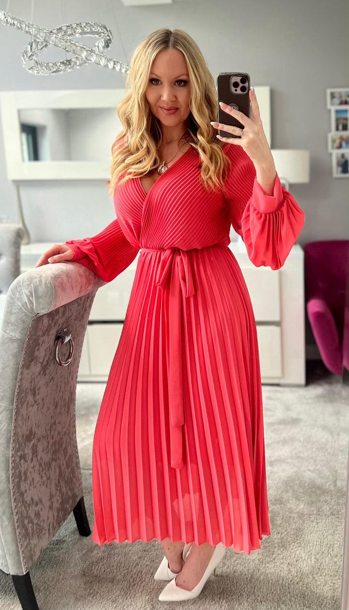 Lucile Coral Chiffon Plisse Pleated Belted Long Sleeve Maxi Dress