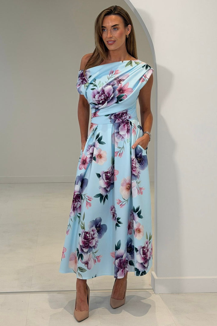 Betty Blue & Lilac Floral Asymmetric Neckline Skater Midi Dress With Pockets