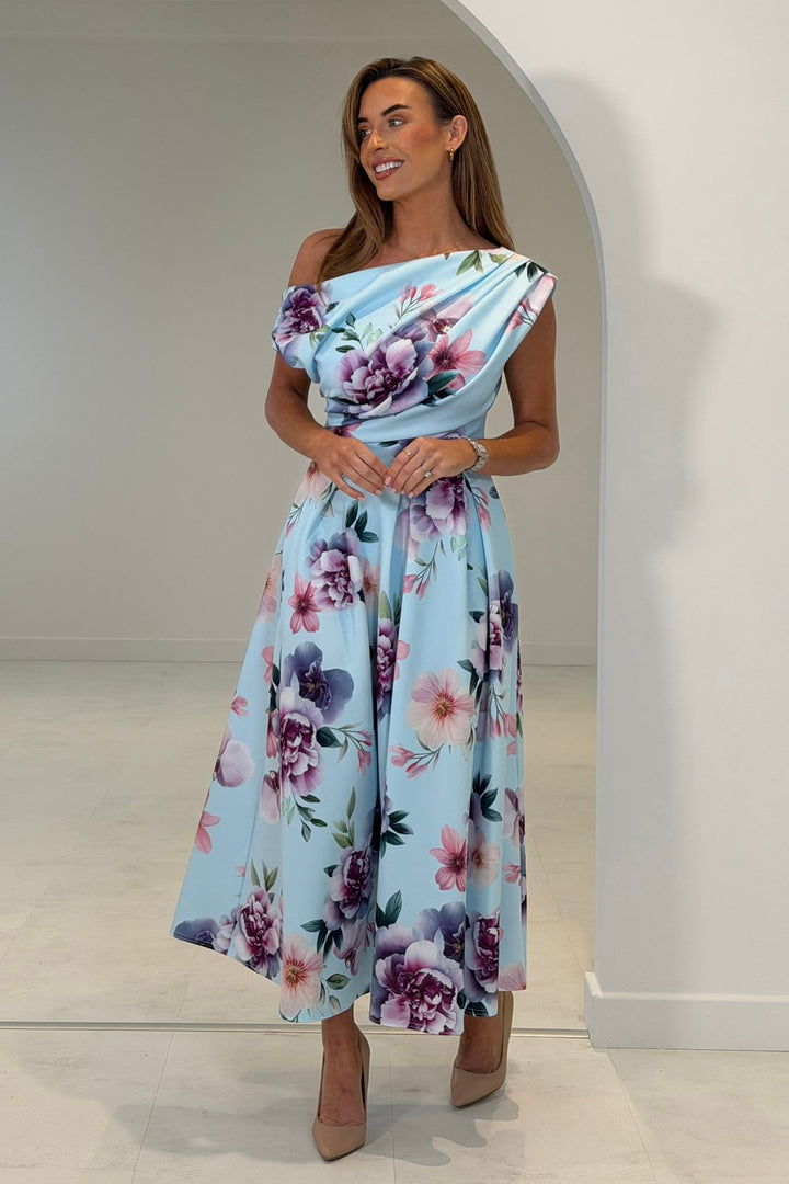 Betty Blue & Lilac Floral Asymmetric Neckline Skater Midi Dress With Pockets